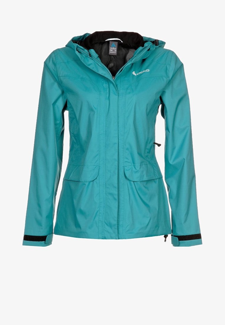 Tyrkysová nepromokavá bunda se zipem, dvěma předními kapsami, nastavitelnou kapucí a černými suchými zipy na rukávech. Texturovaná, lehká tkanina.