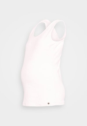 Top branco sem mangas com decote redondo e alças largas, projetado para a maternidade; tecido suave, ajuste casual, apresenta um pequeno logo metálico na bainha.