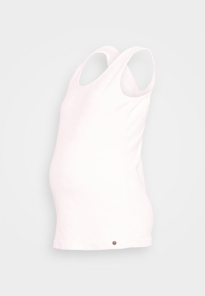 Top branco sem mangas com decote redondo e alças largas, projetado para a maternidade; tecido suave, ajuste casual, apresenta um pequeno logo metálico na bainha.