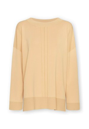 Licht perzikkleurige gebreide trui met een ronde hals, verlaagde schouders en drie verticale plooien aan de voorkant. Geribbelde manchetten en zoom.
