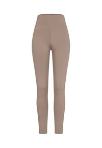 Beige høytlivsleggings laget av elastisk stoff. Tettsittende design med glatt tekstur og uten synlige sømmer.