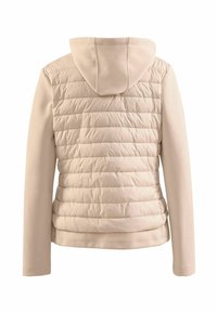 Beige Pufferjacke mit Kapuze, mit einem gesteppten Design im oberen Bereich und glattem Stoff an den Ärmeln und dem unteren Abschnitt.