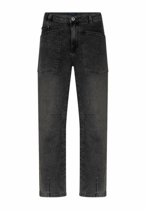Zwarte jeans met rechte pijpen, grote voorzakken met klep, riemlussen en knoopsluiting.