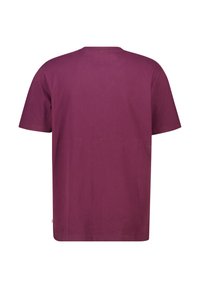 Plain dark purple short-sleeve crewneck t-shirt shown from the back on a white background.