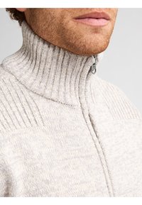 Vaaleanharmaa vetoketjullinen neule, jossa on korkea ribbikaulus. Neuleessa on teksturoitu kudontakuvio ja hienovaraisia värivaihteluita. Metallinen vetoketju.