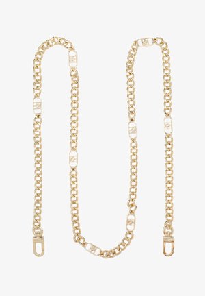 Goldfarbene Kette mit ineinandergreifenden Gliedern und rechteckigen, dekorativen Elementen, an beiden Enden mit Verschlüssen zur Befestigung.