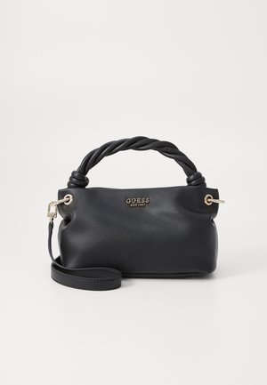 Black leather handbag with twisted handle, gold accents, and adjustable strap. Features embossed logo on front and smooth texture.