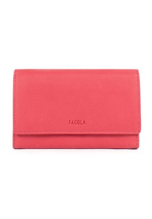 Portefeuille rectangulaire en cuir rose corail avec fermeture à rabat, couture discrète et "FAGOLA" embossé au centre devant.