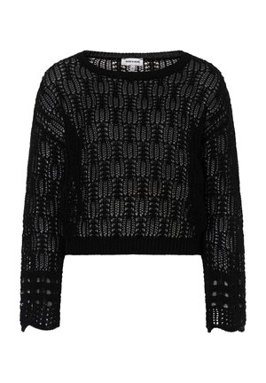 Schwarzer langärmliger Häkelpullover mit rundem Ausschnitt und filigranem offenem Strickmuster, gekürztem Saum und gerippten Rändern.
