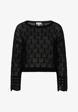 Schwarzer langärmliger Häkelpullover mit rundem Ausschnitt und filigranem offenem Strickmuster, gekürztem Saum und gerippten Rändern.