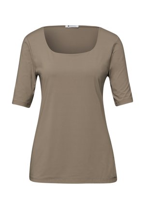 Krótki rękaw w kolorze taupe z kwadratowym dekoltem i prostym dołem, prezentowany na białym tle.