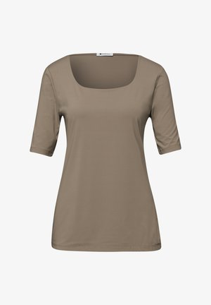 Taupe-värinen lyhythihainen paita, jossa on neliönmuotoinen pääntie ja suora helma, valkoisella taustalla esitettynä.