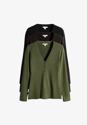 Set de trei cardiganuri cu mâneci lungi, cu model striat și nasturi, în nuanțe de verde măsliniu, maro închis și negru, așezate suprapuse pe un fundal alb.