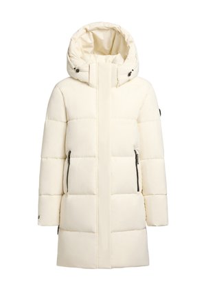 Doudoune couleur crème avec un col haut, une capuche amovible, des poches latérales zippées et un design matelassé pour l'isolation.