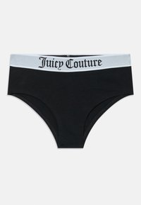 Czarne, gładkie majtki hipster z białym elastycznym paskiem w talia, na którym widnieje tekst "Juicy Couture" w czcionce gotyckiej w kolorze czarnym.