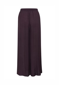 Pantalon large violet foncé avec une taille élastique et un tissu léger et fluide, présenté sur fond blanc.