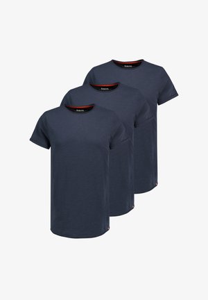 Navy blue cotton t-shirts with short sleeves, round neck, subtle texture, and red accent tags at the hem. Pack of three.