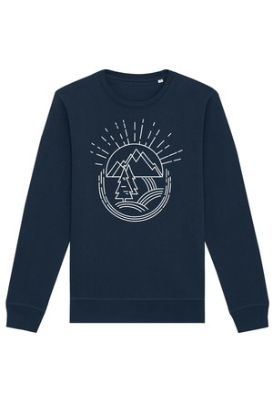 Navy sweatshirt made of cotton-blend fabric, featuring a white printed design of mountains, a tree, and sun rays, with ribbed cuffs and hem.