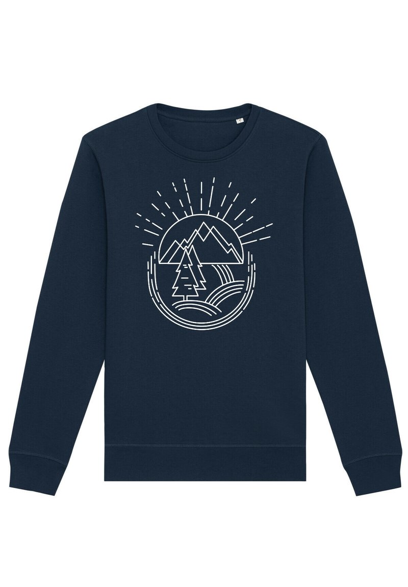 Marinblå sweatshirt tillverkad av bomullsblandat tyg, med en vit tryckt design av berg, ett träd och solstrålar, samt ribbade ärmslut och fåll.