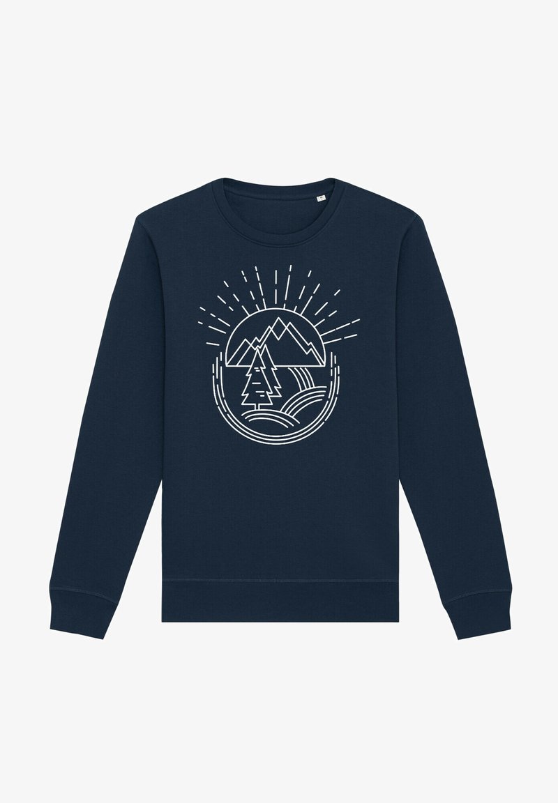 Marinblå sweatshirt tillverkad av bomullsblandat tyg, med en vit tryckt design av berg, ett träd och solstrålar, samt ribbade ärmslut och fåll.