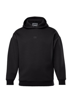 Schwarzer Kapuzenpullover aus weichem Baumwollmix. Verfügt über eine geräumige Kapuze, gerippte Bündchen und ein kleines Logo auf der Vorderseite. Minimalistisches Design.