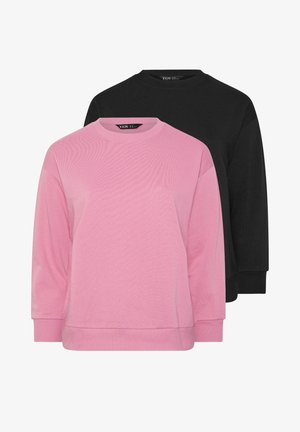 Kaksi yksiväristä pyöreäkaulaista collegepaitaa, edessä vaaleanpunainen ja takana musta, molemmat pitkähihaisia ja resorireunuksilla hihoissa ja helmassa.