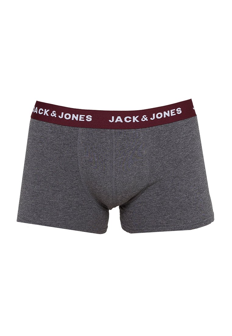 Boxer ajustados para hombre en gris con cinturilla en burdeos que presenta el texto "JACK & JONES" en blanco, exhibidos de frente sobre un fondo blanco.