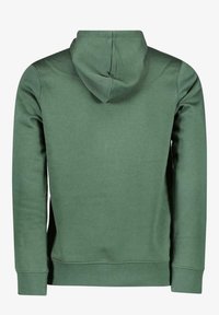 Groene hoodie weergegeven van de achterkant, met een eenvoudig ontwerp, lange mouwen en een buidelzak aan de voorkant.