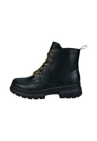 Schwarze Leder-Ankle-Boots mit goldfarbenen Schnürsenkeln, einer strukturierten Oberfläche und einer robusten Sohle mit ausgeprägten Profilen für optimalen Halt.