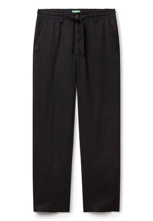 Pantaloni neri dalla vestibilità ampia con vita elastica, coulisse, chiusura con bottone e tasche laterali su sfondo bianco.