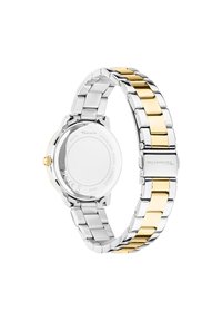 Edelstahlarmbanduhr mit einem silbernen und goldenen zweiteiligen Armband. Runder Gehäuse mit einer goldenen Krone, flachem Glas und graviertem Gehäuseboden.