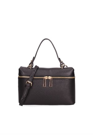 Sac à main en cuir noir texturé avec fermeture éclair dorée et bandoulière réglable, doté d'une poignée supérieure et de deux curseurs de fermeture éclair sur la poche avant.