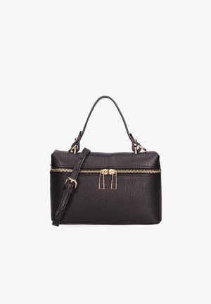 Sac à main en cuir noir texturé avec fermeture éclair dorée et bandoulière réglable, doté d'une poignée supérieure et de deux curseurs de fermeture éclair sur la poche avant.