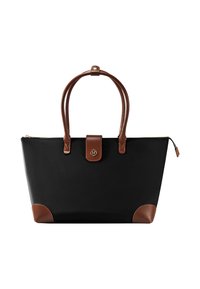 Musta kangaskassi, jossa on ruskeat nahkakoristeet ja -kahvat. Varustettu vetoketjulla, brändäysembleemalla ja vahvistetuilla alakulmilla.