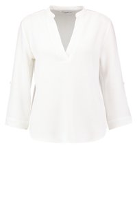 White blouse with a V-neckline, three-quarter sleeves, and a loose fit. Made from smooth fabric with no visible patterns or accents.