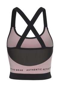 Rosa und schwarze Sport-BH mit einem Mesh-Rücken. Verfügt über ein Kreuzrücken-Design und einen elastischen Bund mit dem Text "AUTHENTIC ACTIVE WEAR".