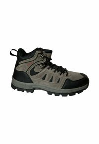 Botas de senderismo con parte superior de ante gris y malla negra, cierre de cordones, ojales metálicos y una suela de goma texturizada para mayor tracción.