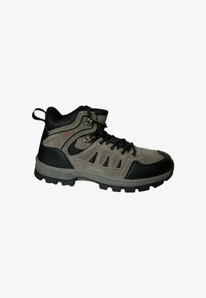 Hiking boots featuring a gray suede and black mesh upper, lace closure, metal eyelets, and a textured rubber sole for traction.