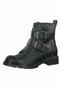 Les bottines noires en cuir sont dotées de deux larges sangles avec boucles, d'une fermeture éclair sur le côté et d'une semelle en caoutchouc texturé, offrant un design robuste.