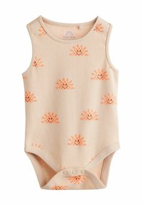 Bodysuit per neonati color crema con design senza maniche, caratterizzato da un motivo di soli sorridenti arancioni. Chiusura a pressione nella parte inferiore per un facile abbigliamento.