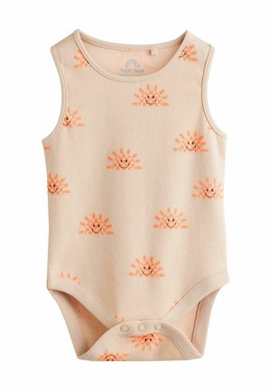 Bodysuit per neonati color crema con design senza maniche, caratterizzato da un motivo di soli sorridenti arancioni. Chiusura a pressione nella parte inferiore per un facile abbigliamento.