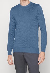 Pull en laine bleu tricoté avec un motif en chevrons texturé, col rond et poignets côtelés. Associé à un pantalon gris.