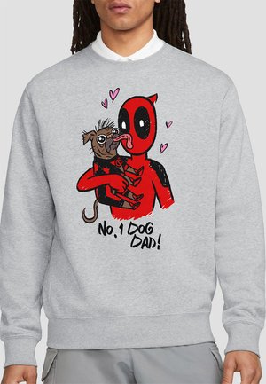 Gray sweatshirt featuring a colorful illustration of a character in a red suit holding a brown dog, with "No. 1 Dog Dad!" text below.