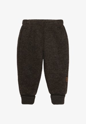Pantaloni de trening din fleece gri închis, cu talie elastică, manșete strânse și cusături laterale. Prezintă o etichetă mică maro cu marcă pe lateral.