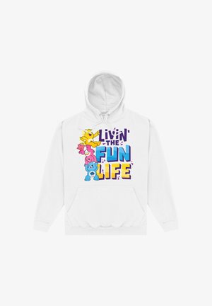 Sudadera blanca con capucha con osos de dibujos animados coloridos apilados y texto "Livin' the Fun Life" en letras negritas de color púrpura, azul y amarillo en el frente.
