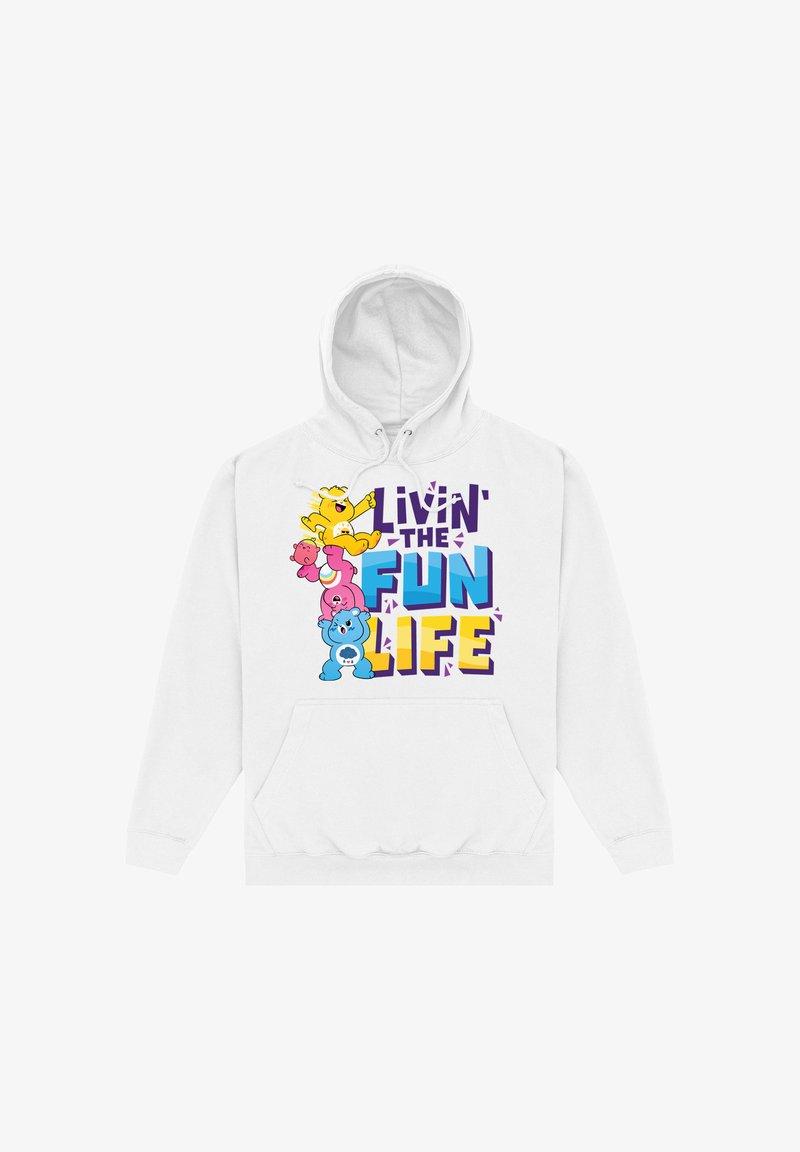 Sudadera blanca con capucha con osos de dibujos animados coloridos apilados y texto "Livin' the Fun Life" en letras negritas de color púrpura, azul y amarillo en el frente.