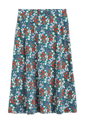 Floral midi skirt featuring a green background with red, white, and purple flowers, made from a lightweight fabric with a flared design.