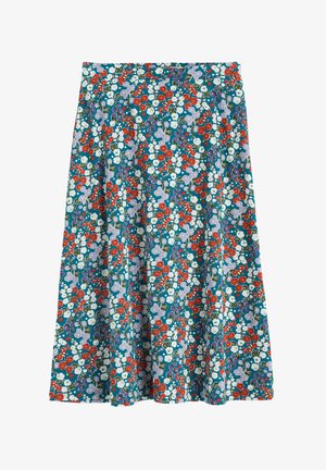 Lilled midi seelik, millel on roheline taust ja punased, valged ning lillad lilled, valmistatud kergest kangast ja flare-disainiga.