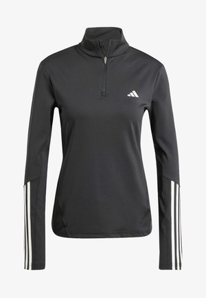 Black athletic top with a quarter-zip design, long sleeves, and white three-stripe accents along the sides. Made from a smooth, stretchy material.
