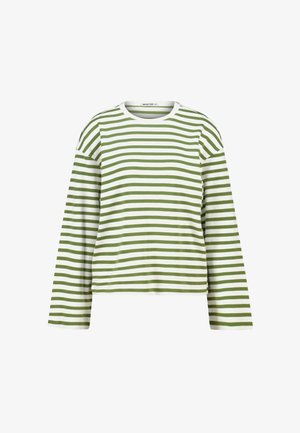 Green and white striped long-sleeve shirt with a round neckline and a relaxed fit. Smooth texture and straightforward design.